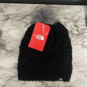 The Northface Triple Cable Fur Pom Beanie in Black